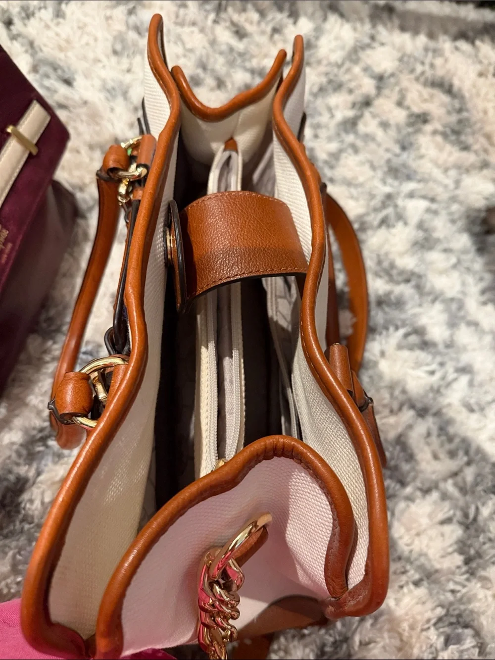 Michael Kors White Canvas Satchel with Navy Center Stripe and Brown Leather Trim